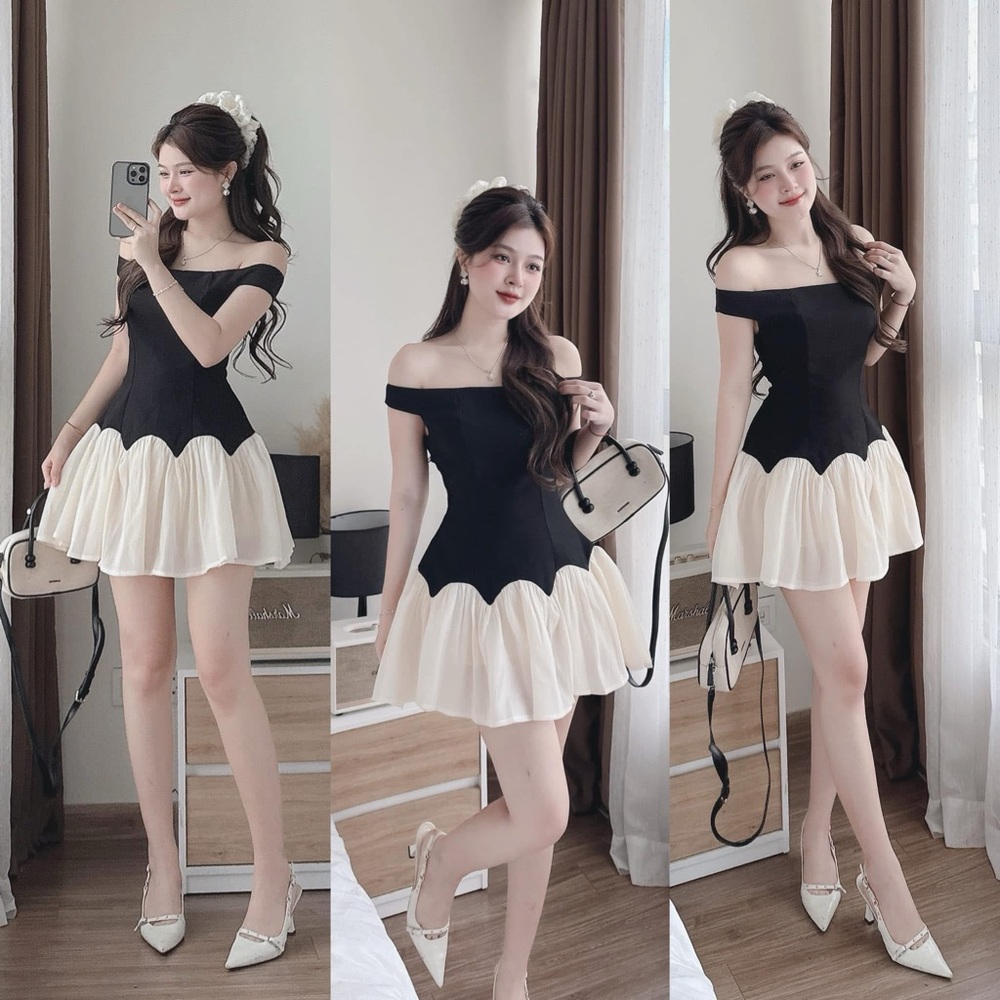 Chic Off-Shoulder Black and Cream Mini Dress